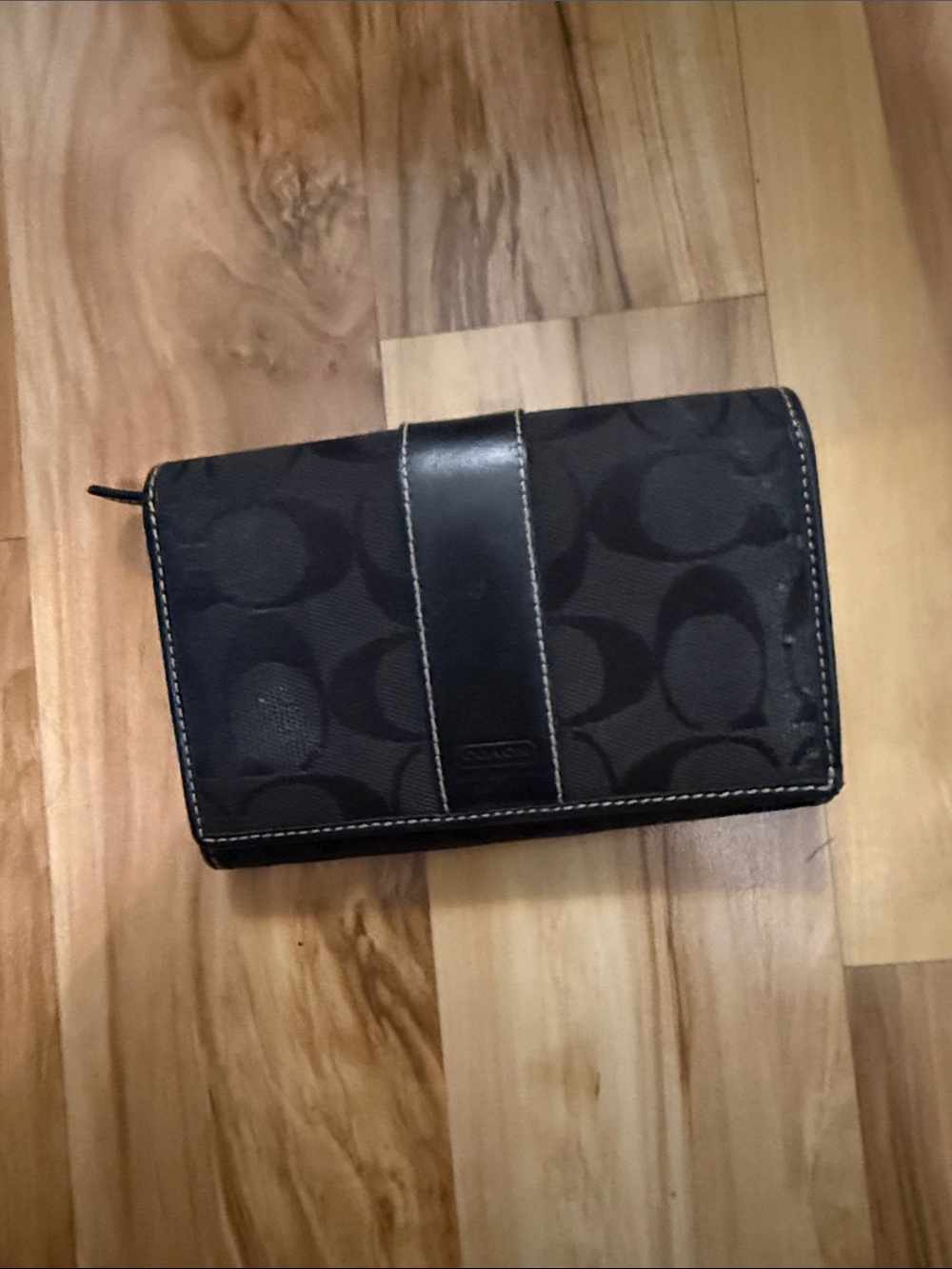 Coach Black Signature Canvas Wallet with Leather Stripe